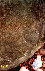 Spiral art on one of the kerbstones, 1996 Temple Wood Stone Circle, Argyll