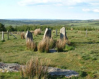 Stone circle looking east from the tall stone leaning stone. The large fallen stone in the ground between the leaning stone and the circle can be seen in the foreground, Knocknakilla Stone Circle, Cork